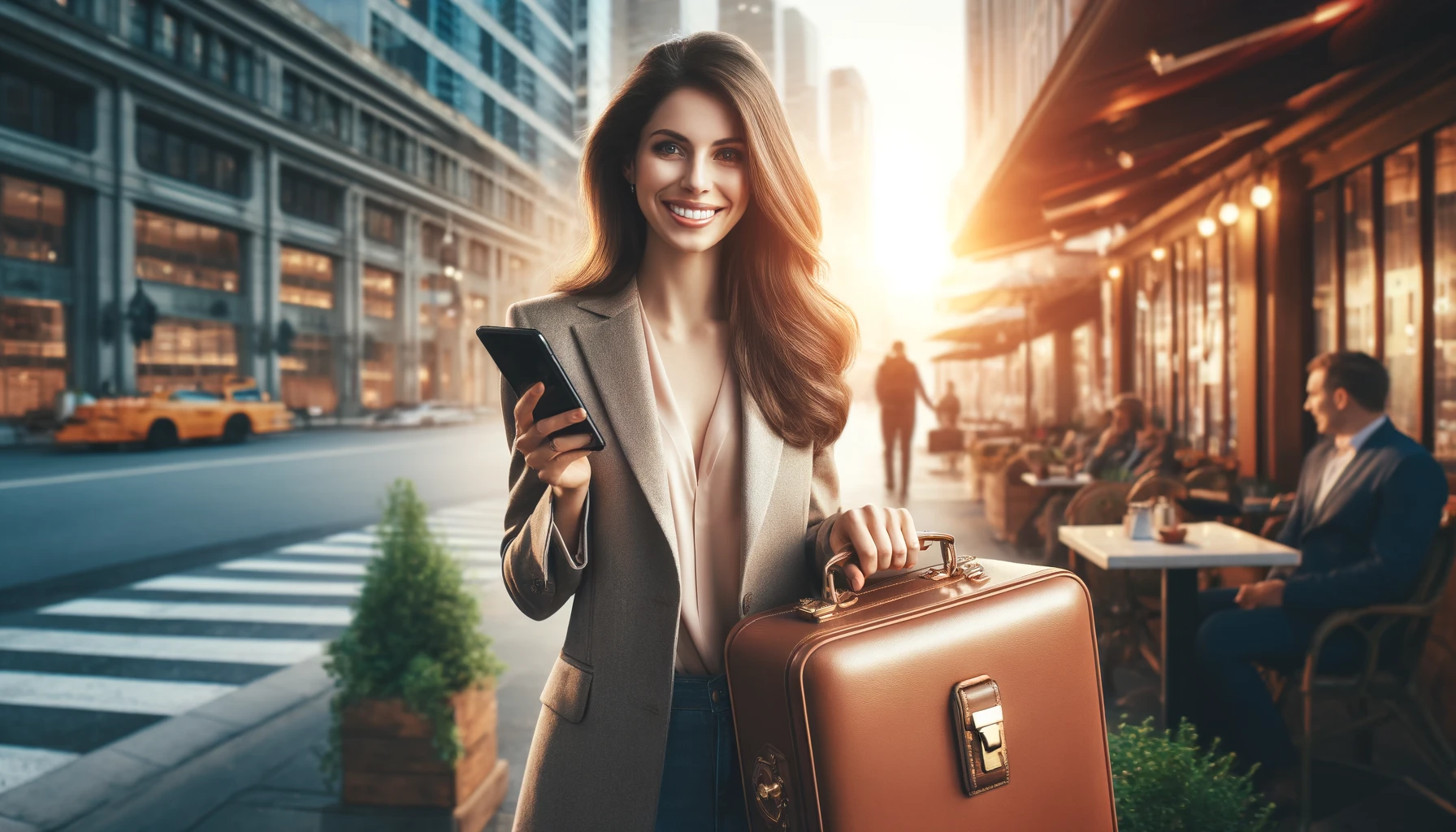 a smiling woman standing outside an urban cafe, holding a sleek leather suitcase in one hand and a smartphone in the other. 