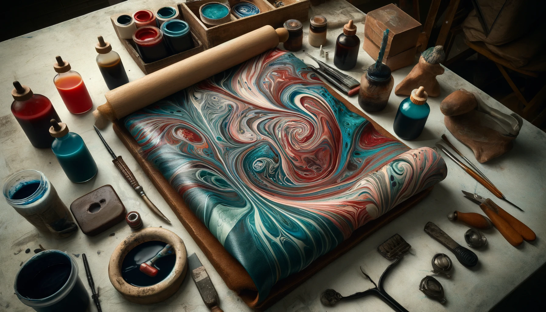  a close-up view of a leather piece undergoing the marbling dye technique.