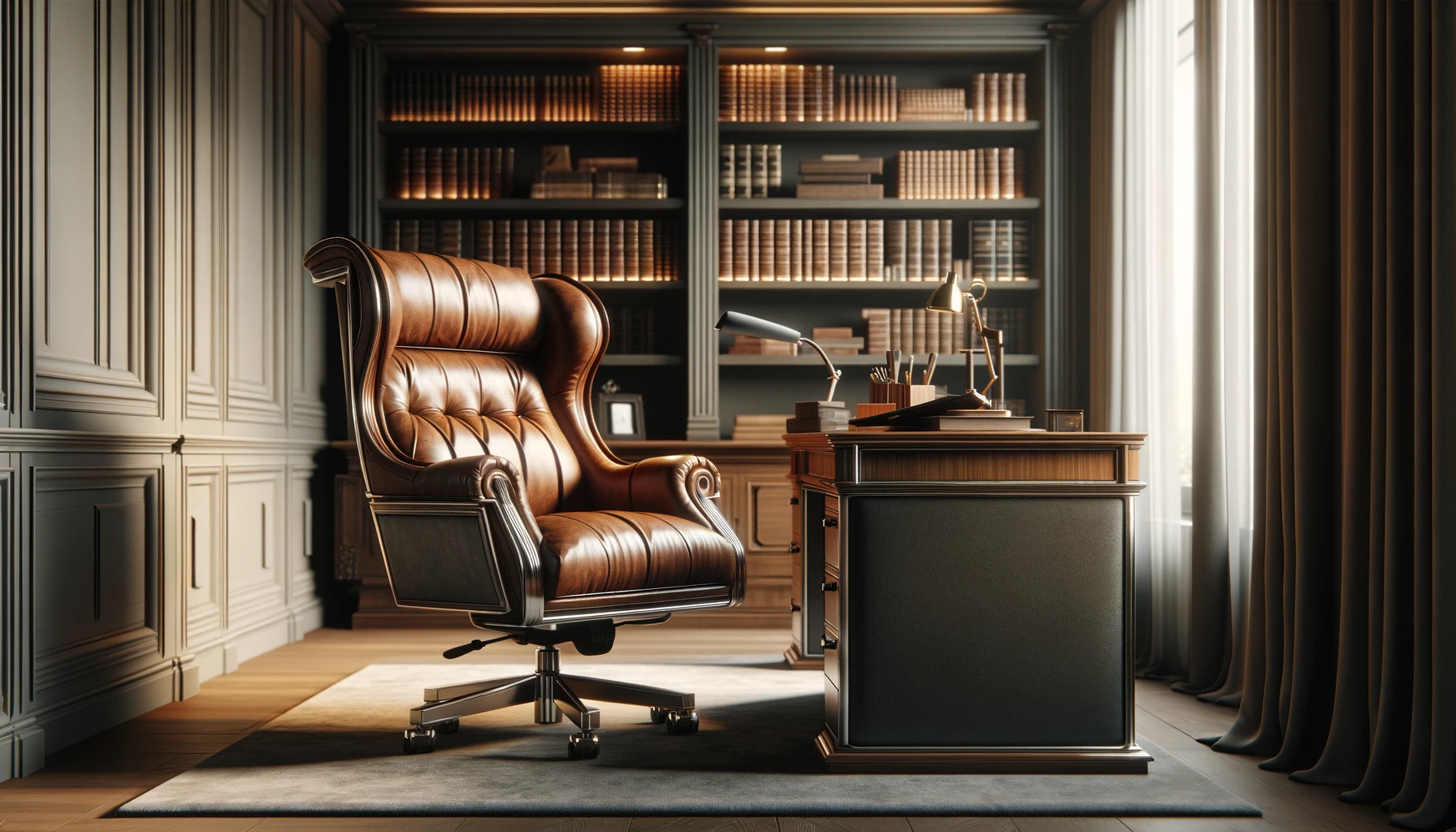 a home office interior featuring a large leather desk chair, a sleek wooden desk with leather inlays, and leather-bound books on shelves in the background.