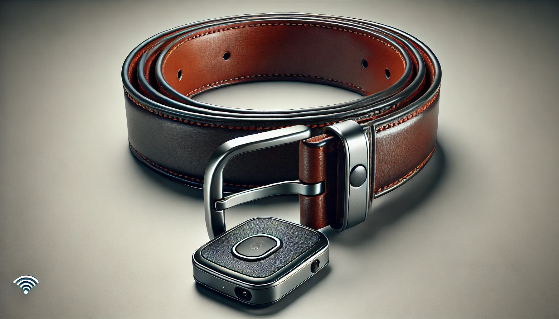 A high-quality leather belt with fine stitching and a sleek buckle design subtly integrates a covert GPS tracker, set against a simple, neutral background to highlight its details.