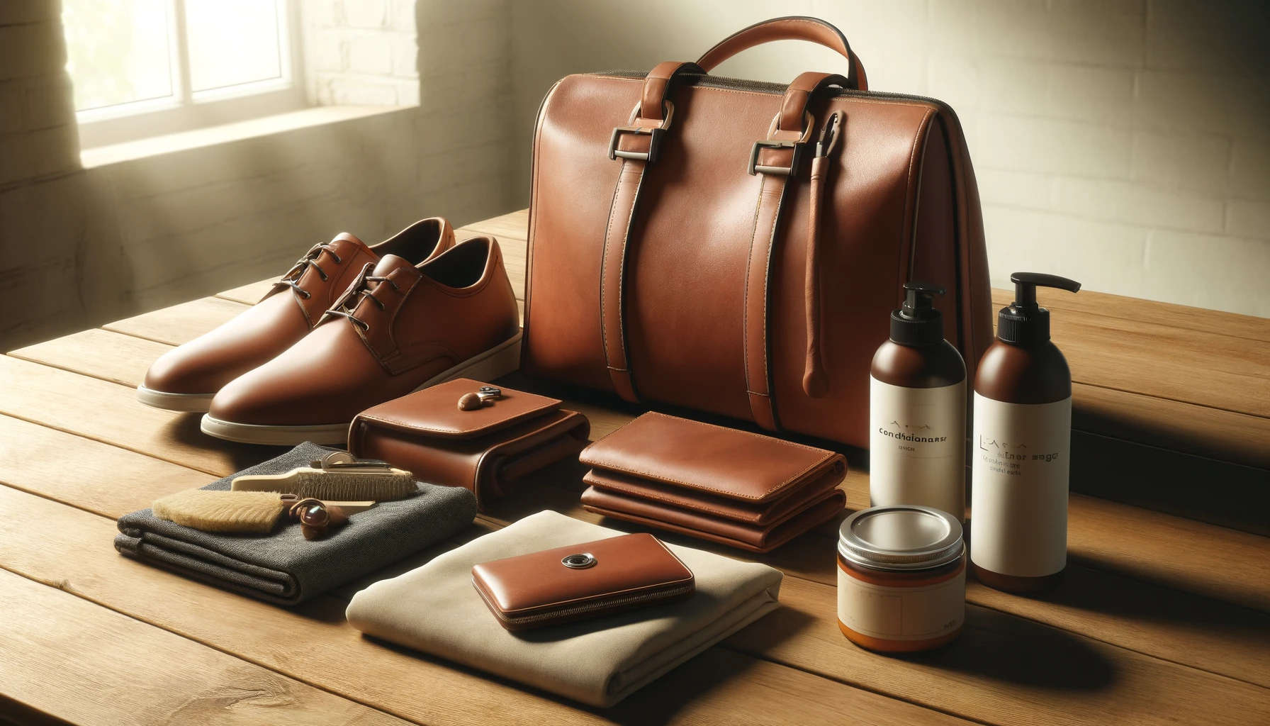 a leather care setup on a wooden table. 