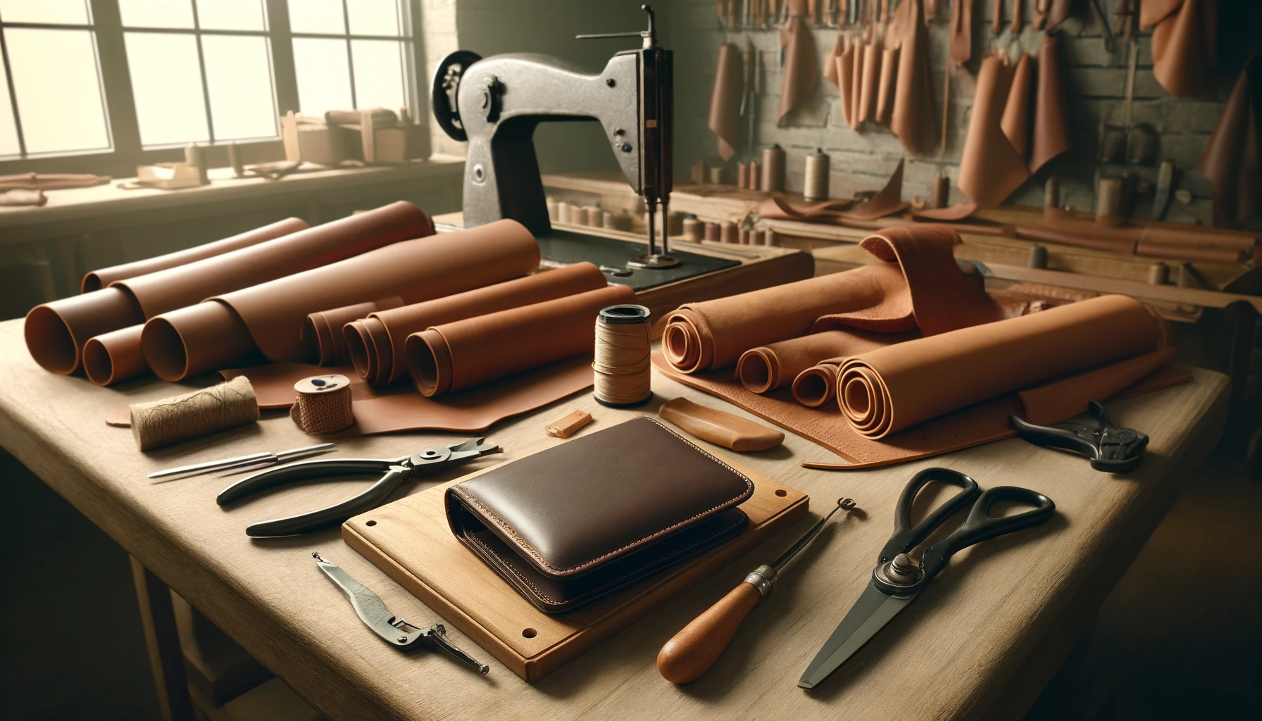 a workbench with various leather crafting tools, pieces of leather, and a partially completed leather wallet.
