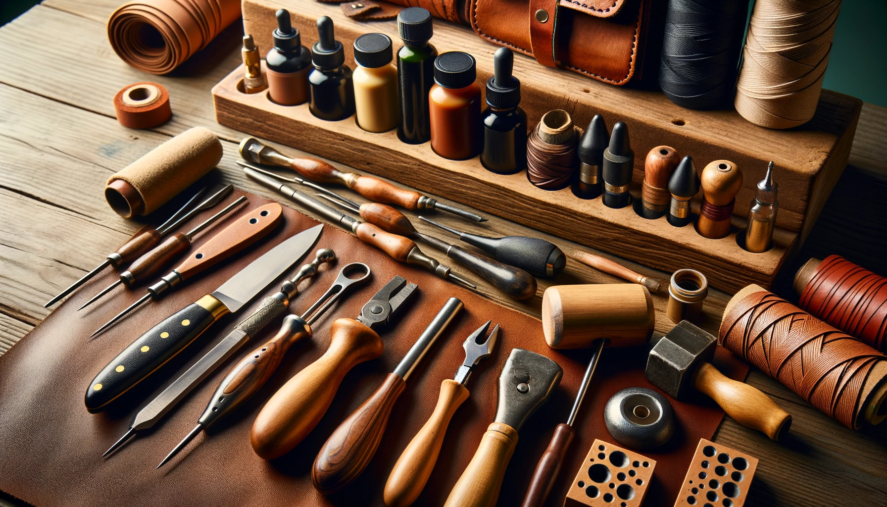various leather crafting tools such as a leather knife, stitching awl, mallet, edge beveler, hole punch, burnisher, stamping tools, bottles of leather dye, and a bottle of leather glue. 