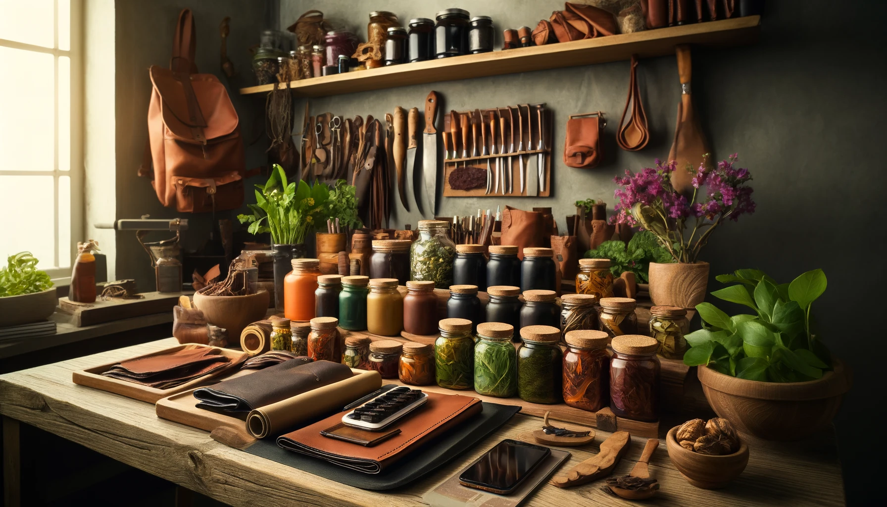 a well-organized leather crafting workspace with an emphasis on sustainability, featuring jars of natural dyes made from various plant materials