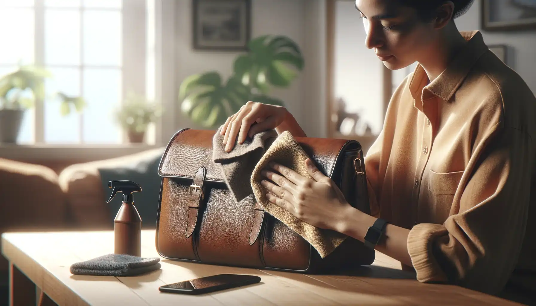 A woman is cleaning a leather briefcase or bag with a soft cloth.