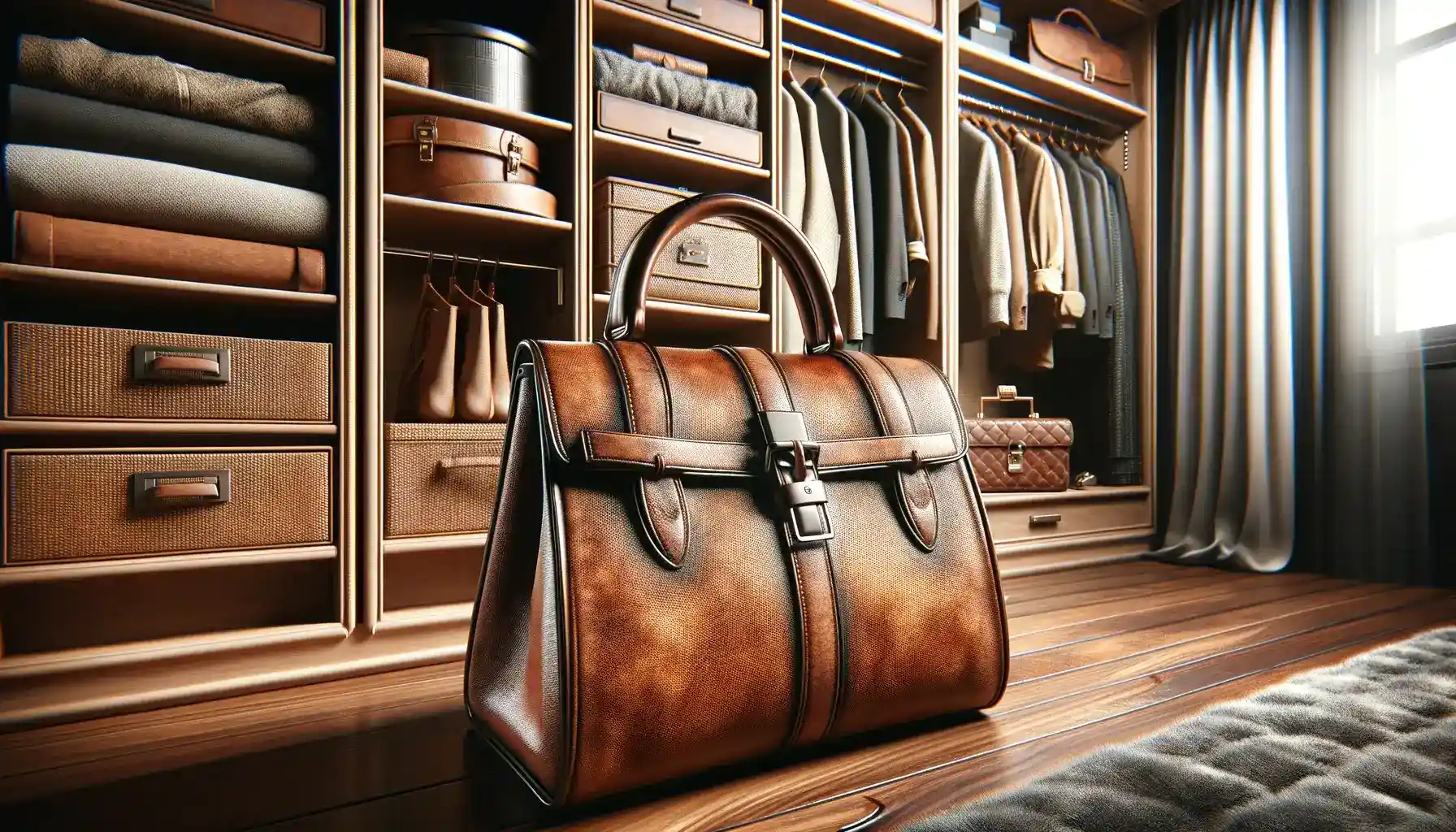  In the foreground is a stylish, brown leather handbag with a metal clasp