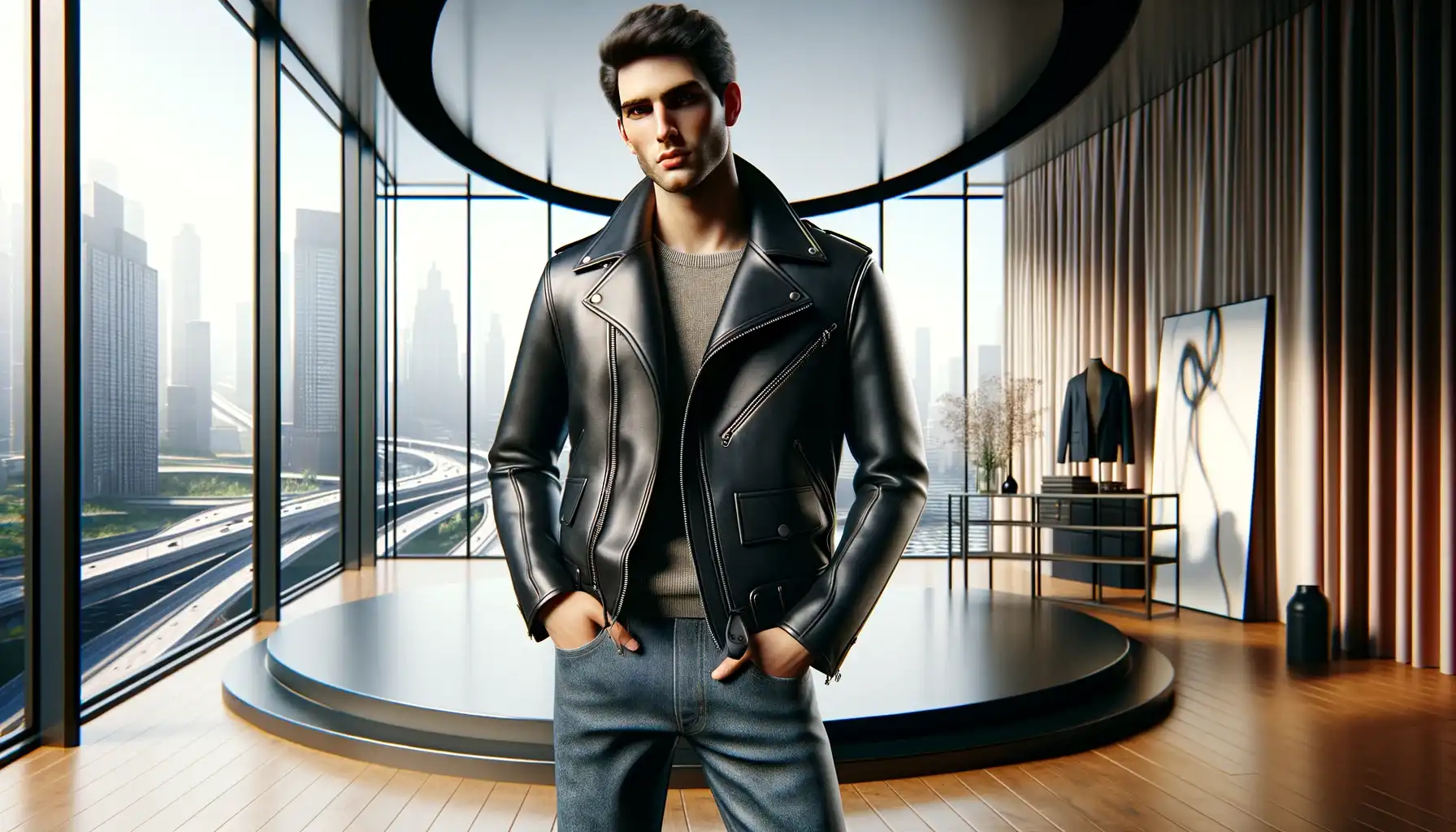 A man is posing indoors, likely in a showroom or upscale apartment. He's wearing a black leather jacket and jeans, with his hands in his pockets.
