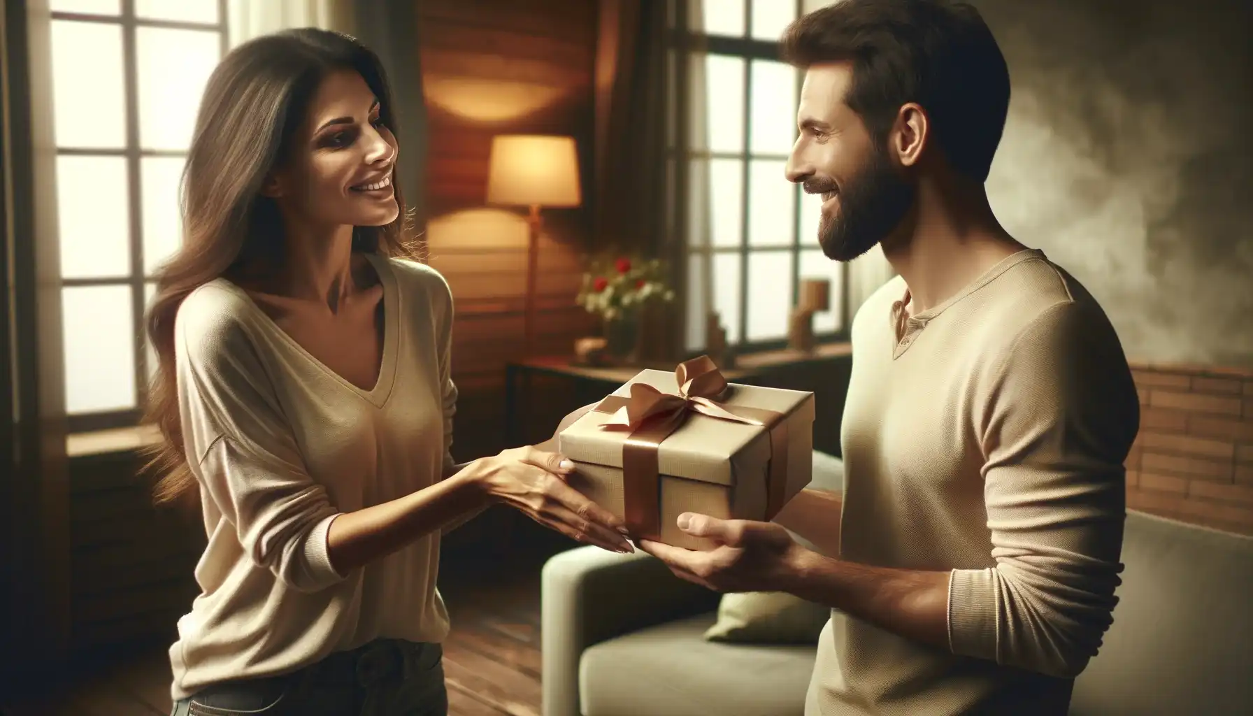 A woman is giving a wrapped gift to a smiling man.