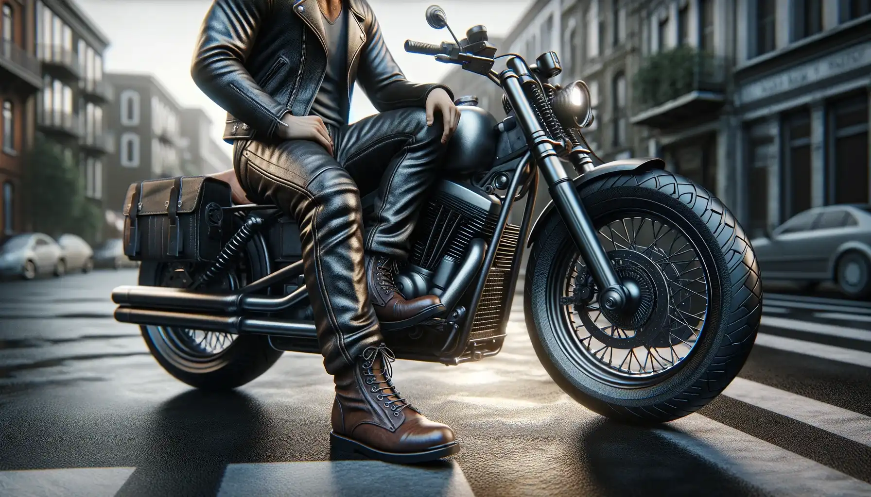 The image shows a person sitting on a motorcycle in a city street. The person is wearing a leather jacket and pants.