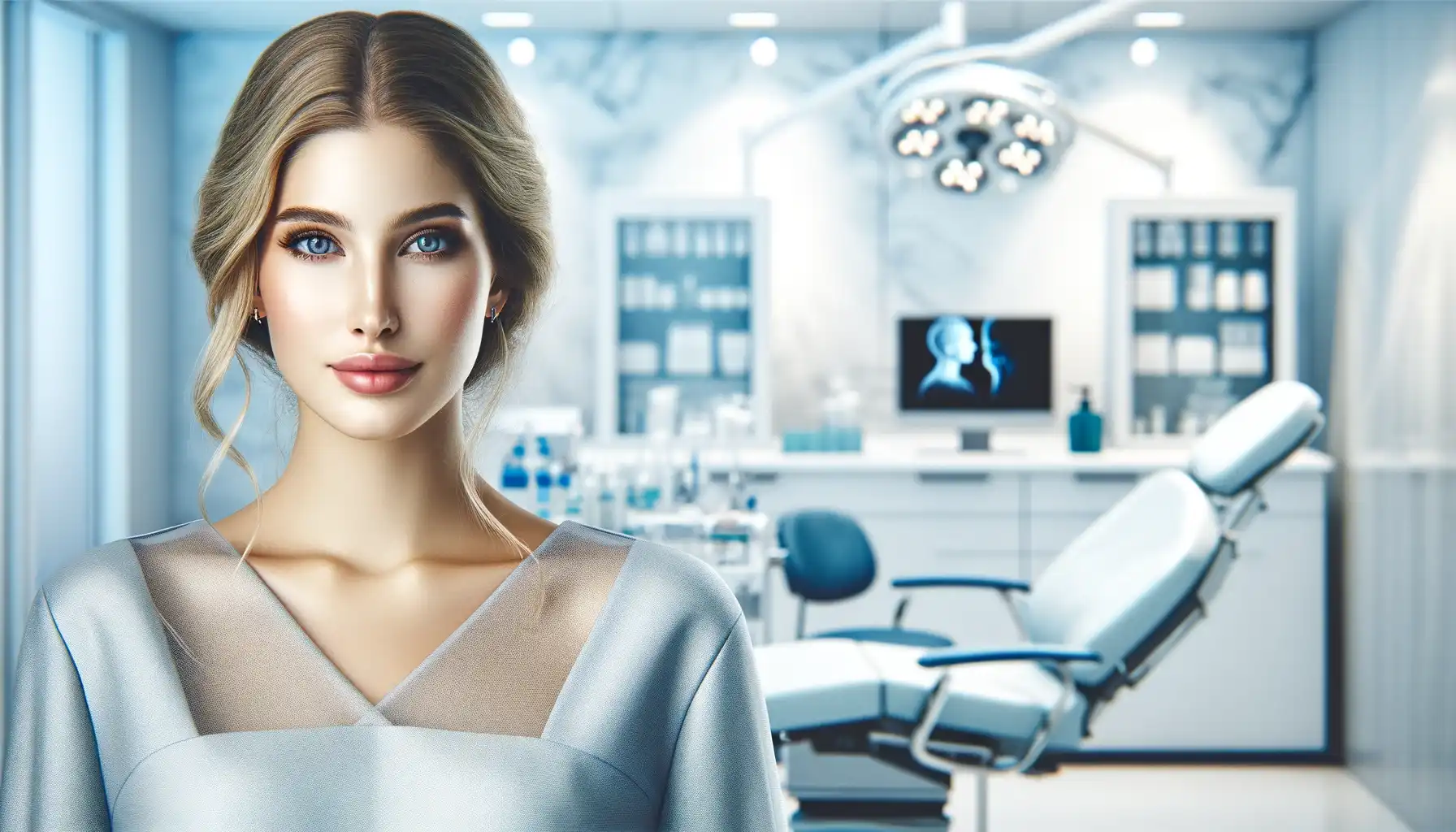 The image shows a woman in a light-colored outfit standing in what appears to be a modern dental office.