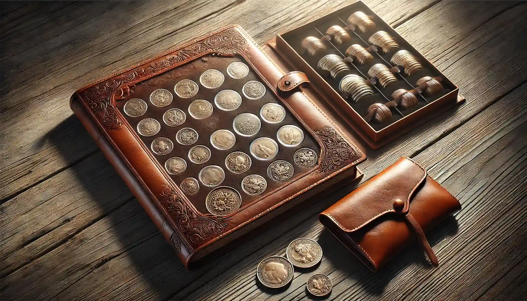 a luxurious leather coin album and matching leather pouch displayed on a rustic wooden surface. 