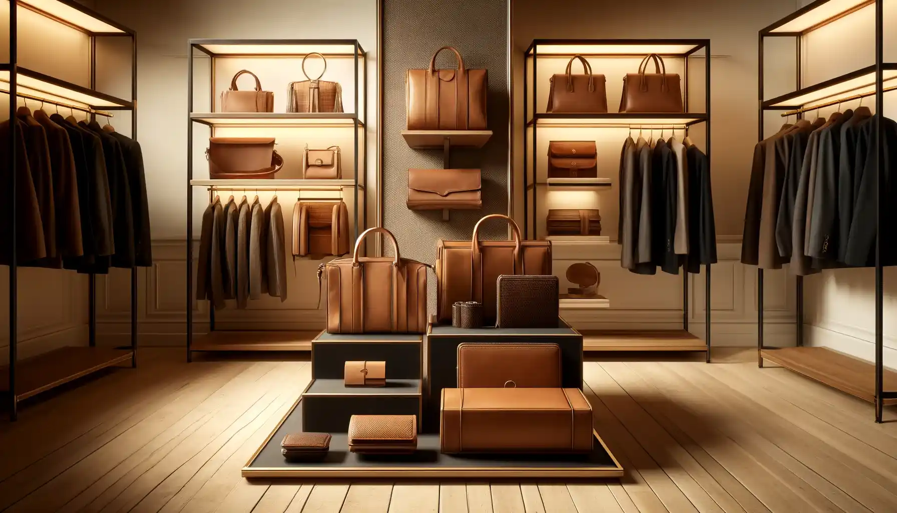 premium leather handbags, wallets, and belts in a sophisticated retail setting.