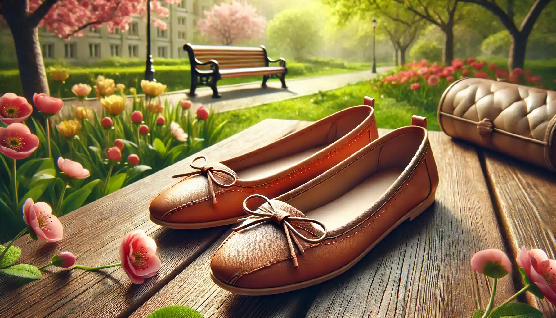 tan leather ballet flats resting on a wooden bench in a vibrant spring park, highlighting their detailed craftsmanship.