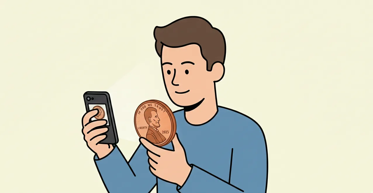 man, checking the coin with his phone