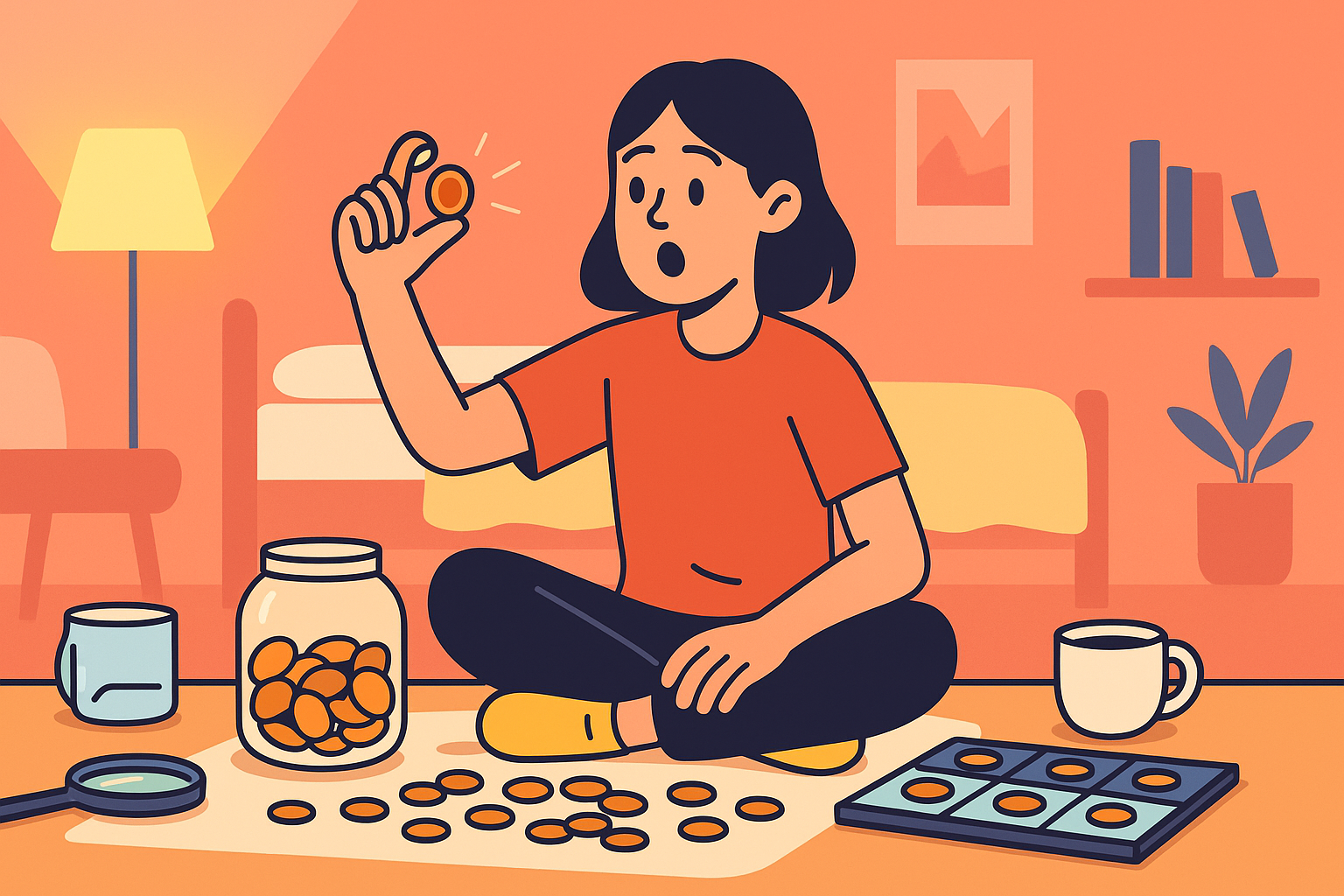  A teenage girl observes pennies from a jar.